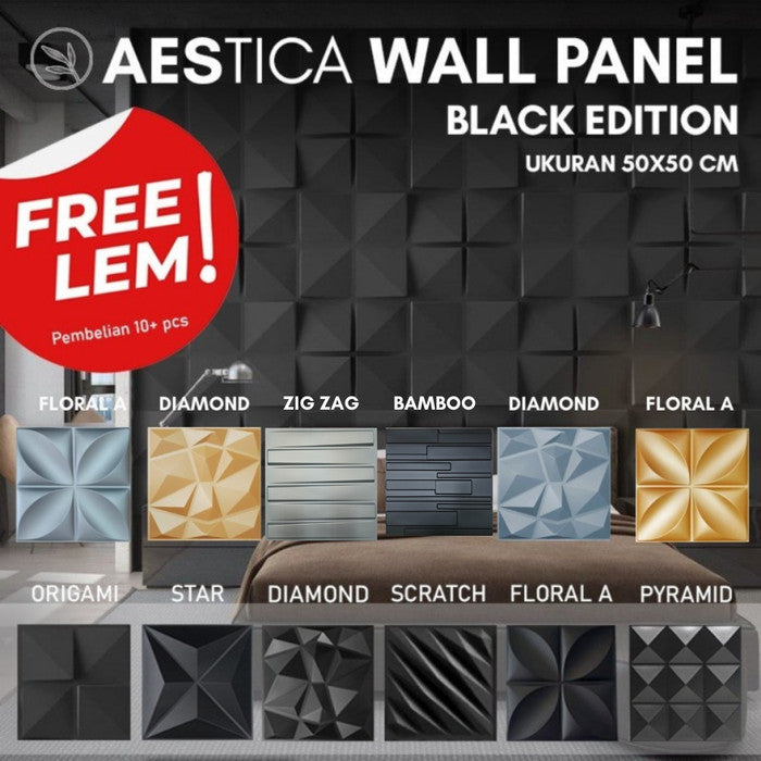 3D PVC Wall Panel Hitam/Black Dinding 50x50CM Dekor Rumah | AESTICA